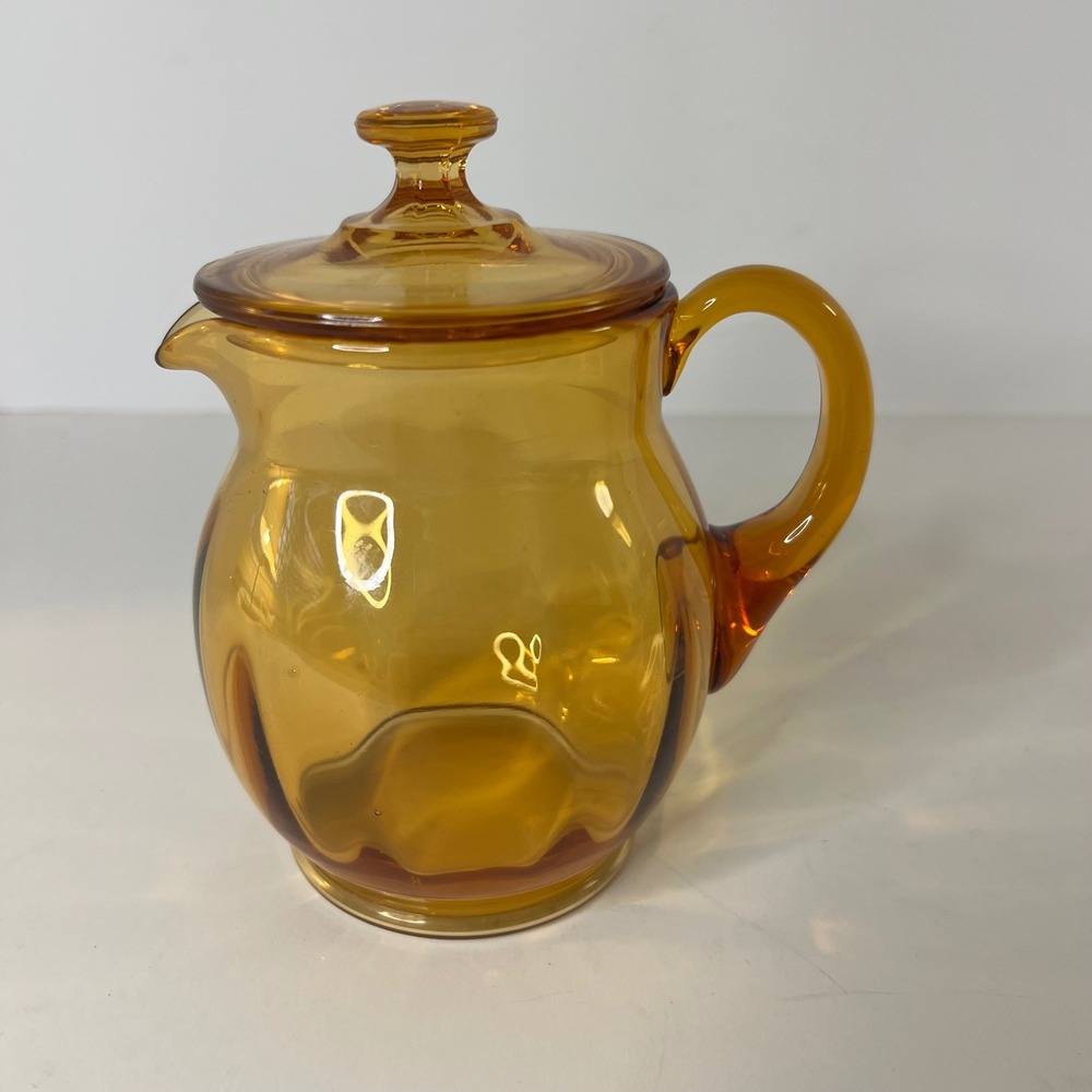 Vintage Amber Glass Water Syrup Bedside Pitcher Lid Chip 4 x 6"‎